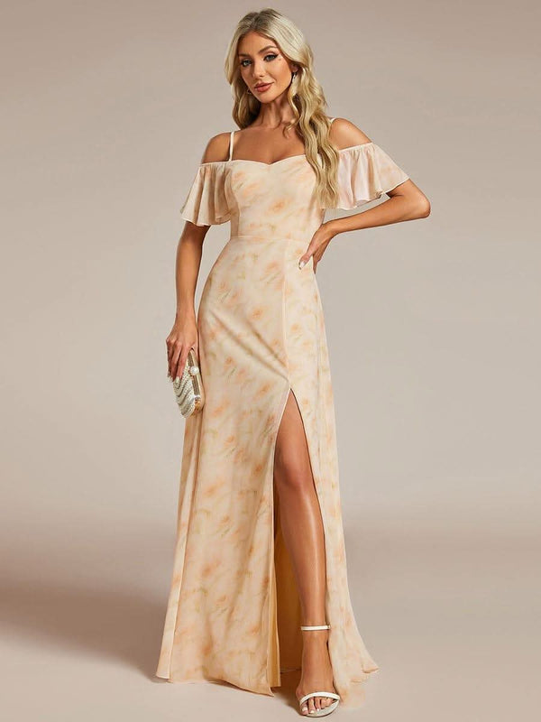 Stylish Cold Shoulder Flare Sleeves Flowy Bridesmaid Dress #color_Golden Roses ever REYA|Cold Shoulder High Slit Chiffon Wedding Guest Dress