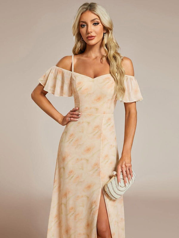 Stylish Cold Shoulder Flare Sleeves Flowy Bridesmaid Dress #color_Golden Roses ever REYA|Cold Shoulder High Slit Chiffon Wedding Guest Dress