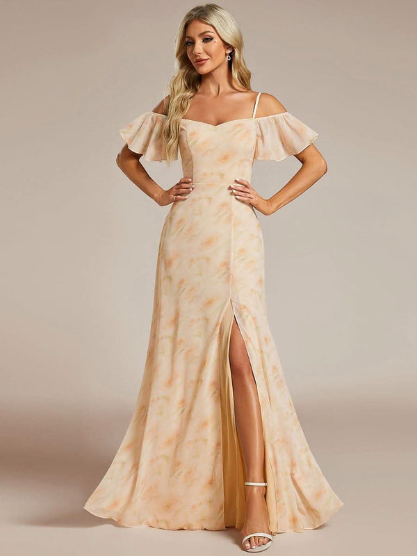 Stylish Cold Shoulder Flare Sleeves Flowy Bridesmaid Dress #color_Golden Roses ever REYA|Cold Shoulder High Slit Chiffon Wedding Guest Dress