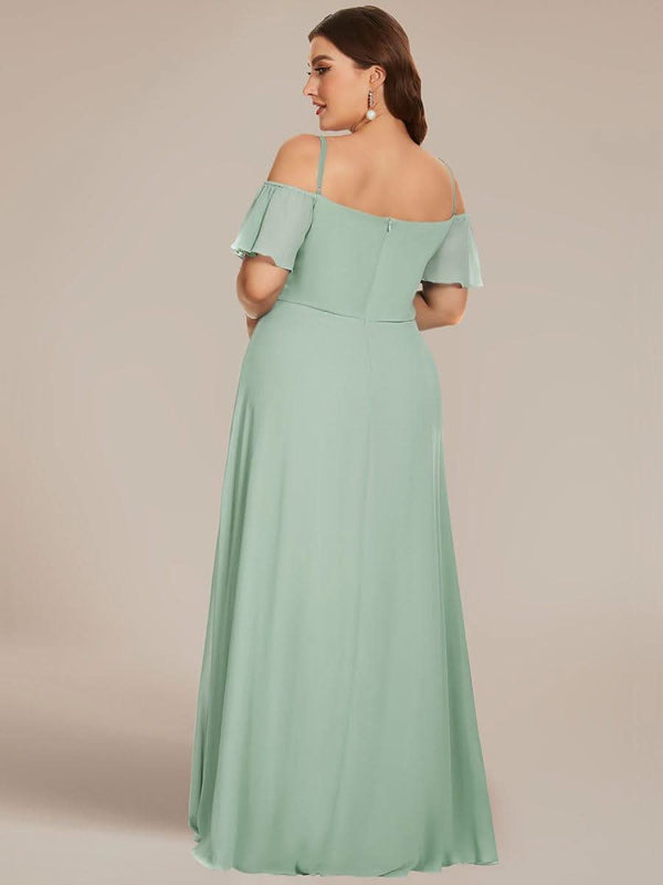 Stylish Cold Shoulder Flare Sleeves Flowy Bridesmaid Dress #color_Golden Roses ever REYA|Cold Shoulder High Slit Chiffon Wedding Guest Dress