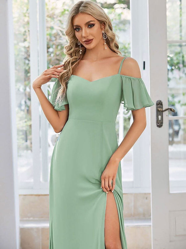 Stylish Cold Shoulder Flare Sleeves Flowy Bridesmaid Dress #color_Golden Roses ever REYA|Cold Shoulder High Slit Chiffon Wedding Guest Dress
