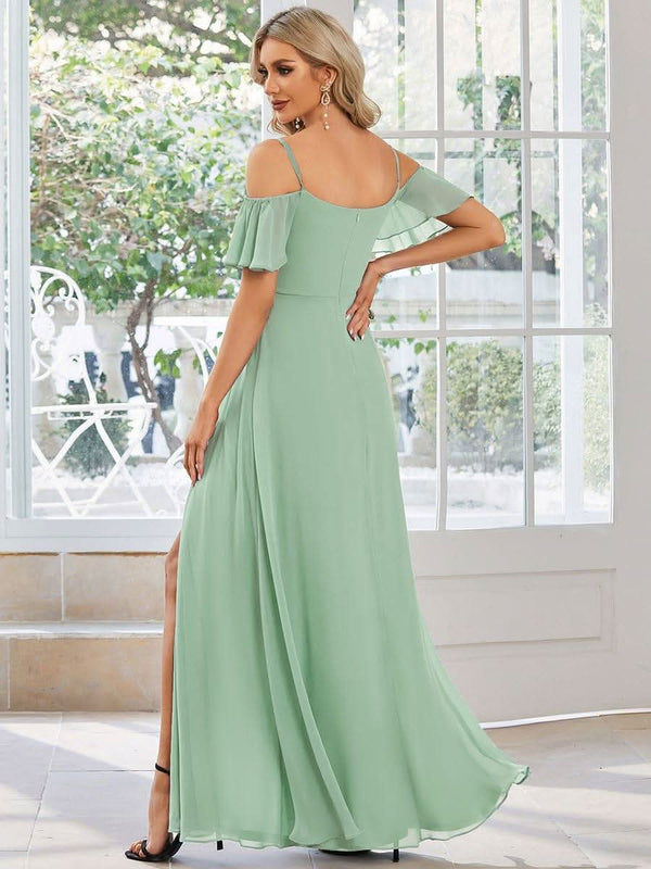 Stylish Cold Shoulder Flare Sleeves Flowy Bridesmaid Dress #color_Golden Roses ever REYA|Cold Shoulder High Slit Chiffon Wedding Guest Dress