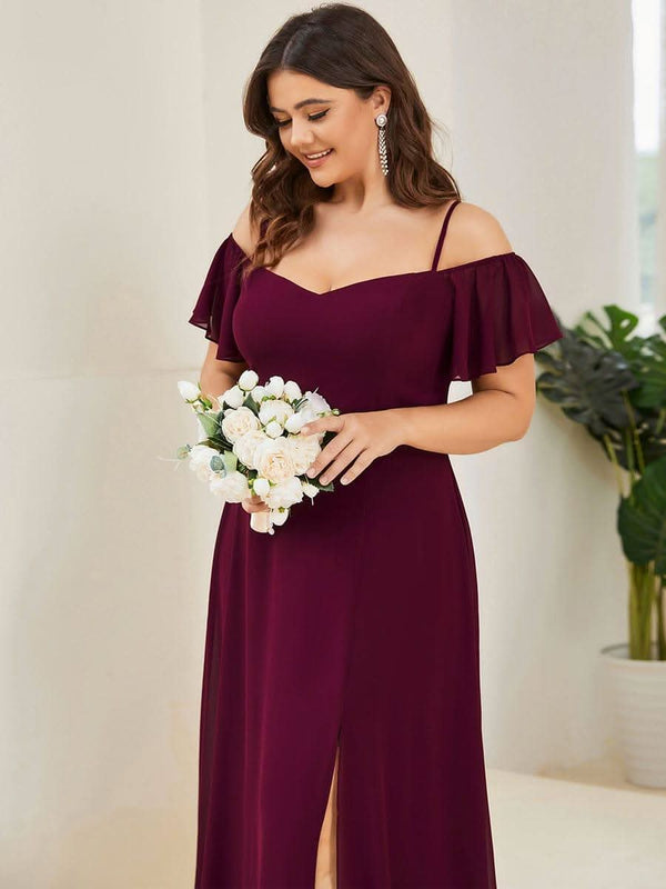 Stylish Cold Shoulder Flare Sleeves Flowy Bridesmaid Dress #color_Golden Roses ever REYA|Cold Shoulder High Slit Chiffon Wedding Guest Dress