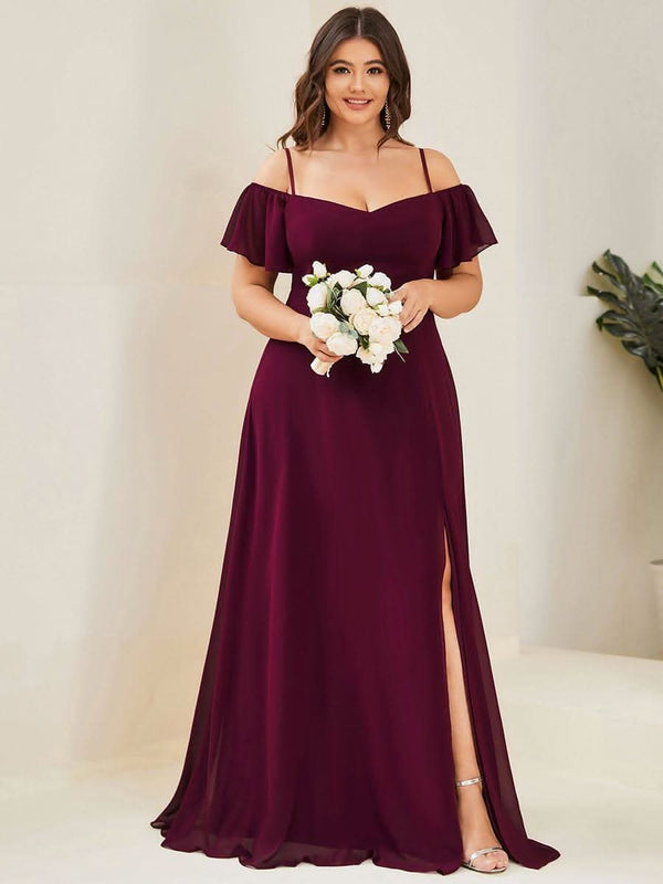 Stylish Cold Shoulder Flare Sleeves Flowy Bridesmaid Dress #color_Golden Roses ever REYA|Cold Shoulder High Slit Chiffon Wedding Guest Dress