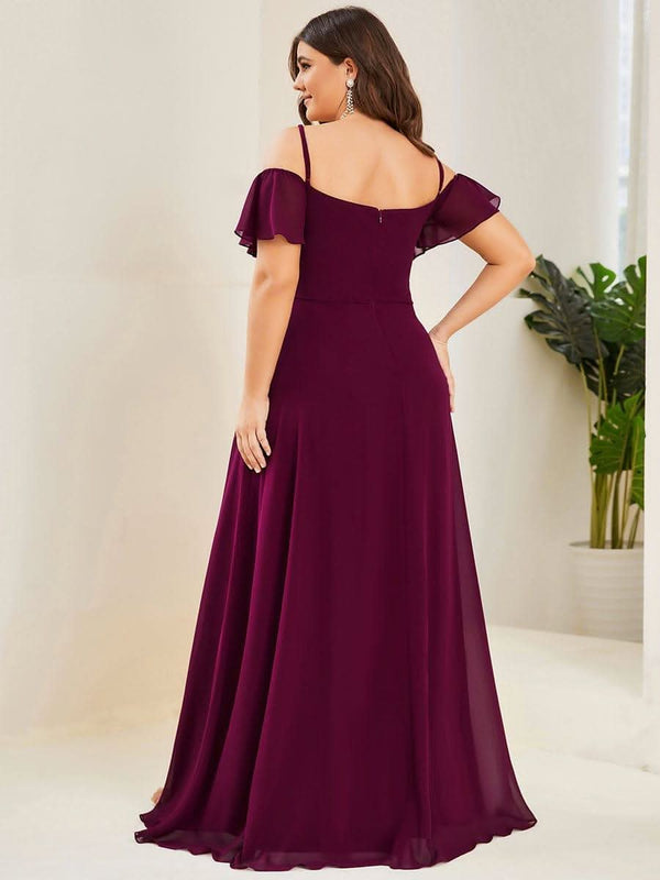 Stylish Cold Shoulder Flare Sleeves Flowy Bridesmaid Dress #color_Golden Roses ever REYA|Cold Shoulder High Slit Chiffon Wedding Guest Dress