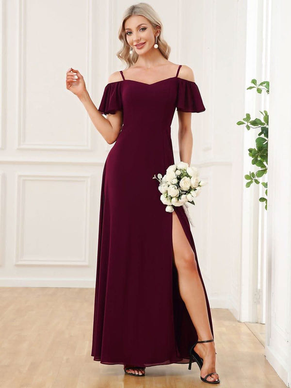 Stylish Cold Shoulder Flare Sleeves Flowy Bridesmaid Dress #color_Golden Roses ever REYA|Cold Shoulder High Slit Chiffon Wedding Guest Dress
