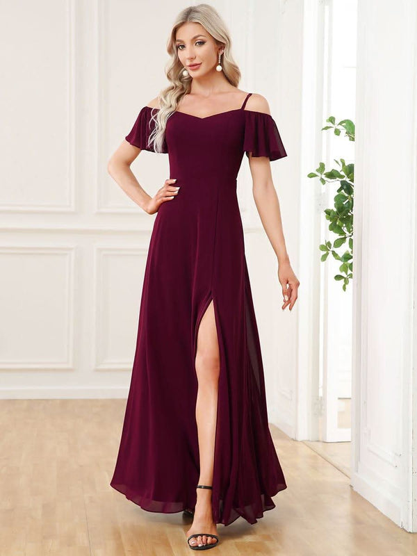Stylish Cold Shoulder Flare Sleeves Flowy Bridesmaid Dress #color_Golden Roses ever REYA|Cold Shoulder High Slit Chiffon Wedding Guest Dress