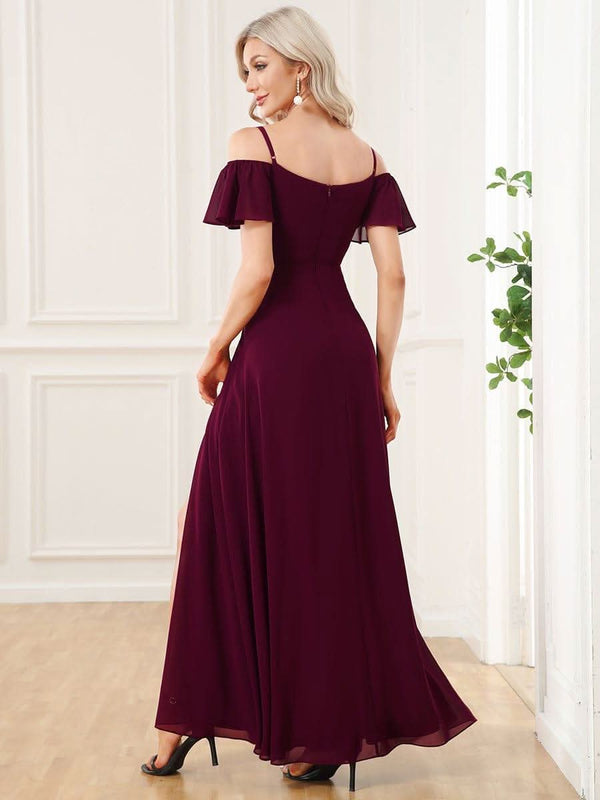 Stylish Cold Shoulder Flare Sleeves Flowy Bridesmaid Dress #color_Golden Roses ever REYA|Cold Shoulder High Slit Chiffon Wedding Guest Dress