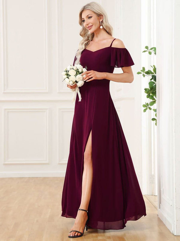 Stylish Cold Shoulder Flare Sleeves Flowy Bridesmaid Dress #color_Golden Roses ever REYA|Cold Shoulder High Slit Chiffon Wedding Guest Dress