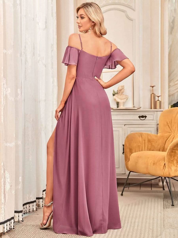Stylish Cold Shoulder Flare Sleeves Flowy Bridesmaid Dress #color_Golden Roses ever REYA|Cold Shoulder High Slit Chiffon Wedding Guest Dress