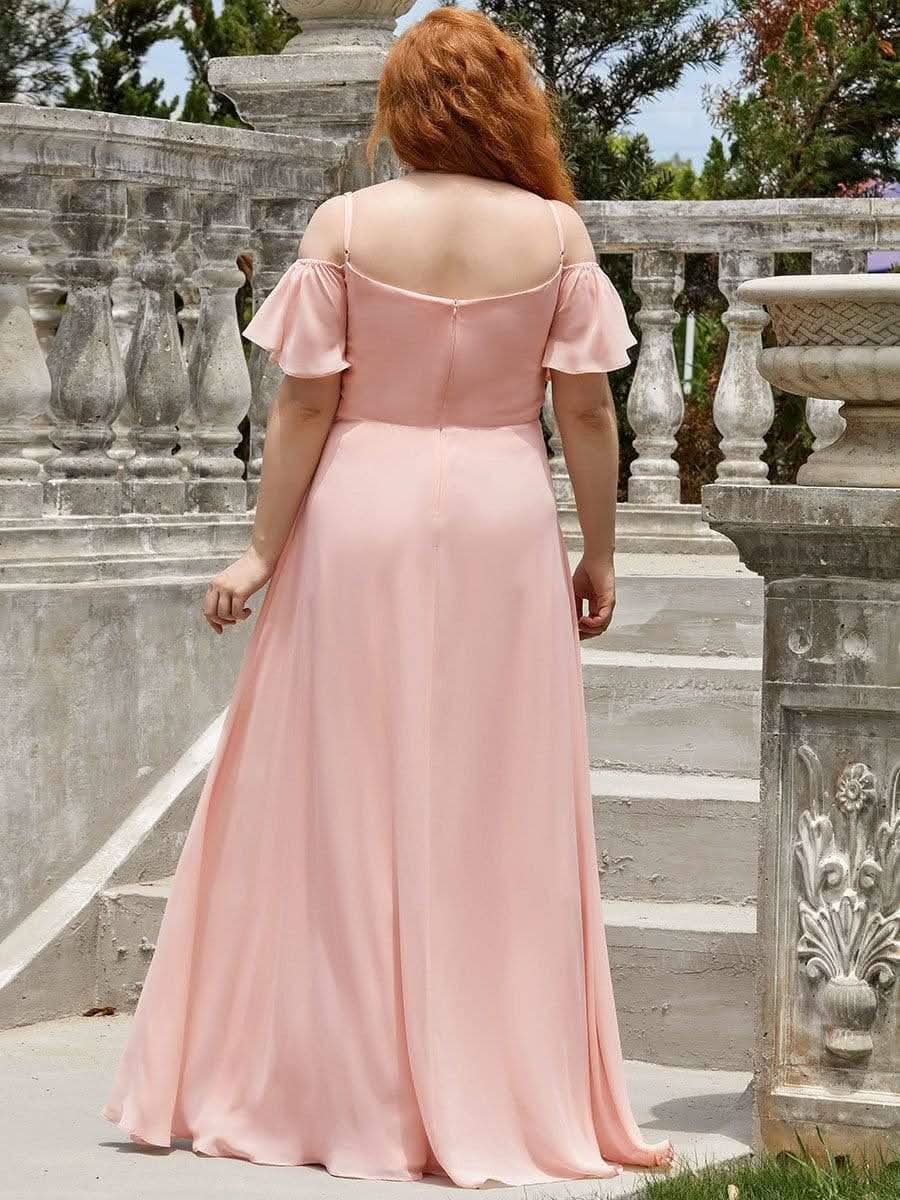Stylish Cold Shoulder Flare Sleeves Flowy Bridesmaid Dress #color_Pink