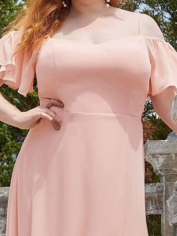 Stylish Cold Shoulder Flare Sleeves Flowy Bridesmaid Dress #color_Golden Roses ever REYA|Cold Shoulder High Slit Chiffon Wedding Guest Dress