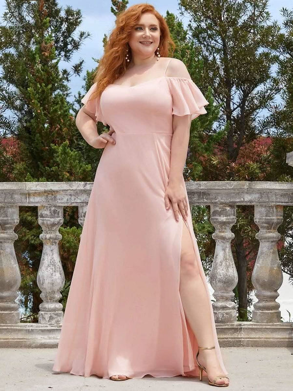 Stylish Cold Shoulder Flare Sleeves Flowy Bridesmaid Dress #color_Golden Roses ever REYA|Cold Shoulder High Slit Chiffon Wedding Guest Dress