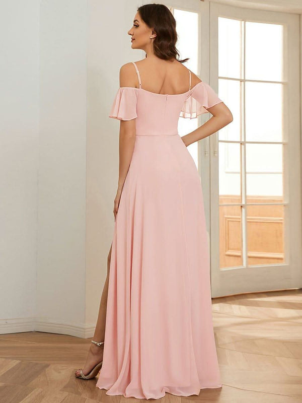 Stylish Cold Shoulder Flare Sleeves Flowy Bridesmaid Dress #color_Golden Roses ever REYA|Cold Shoulder High Slit Chiffon Wedding Guest Dress
