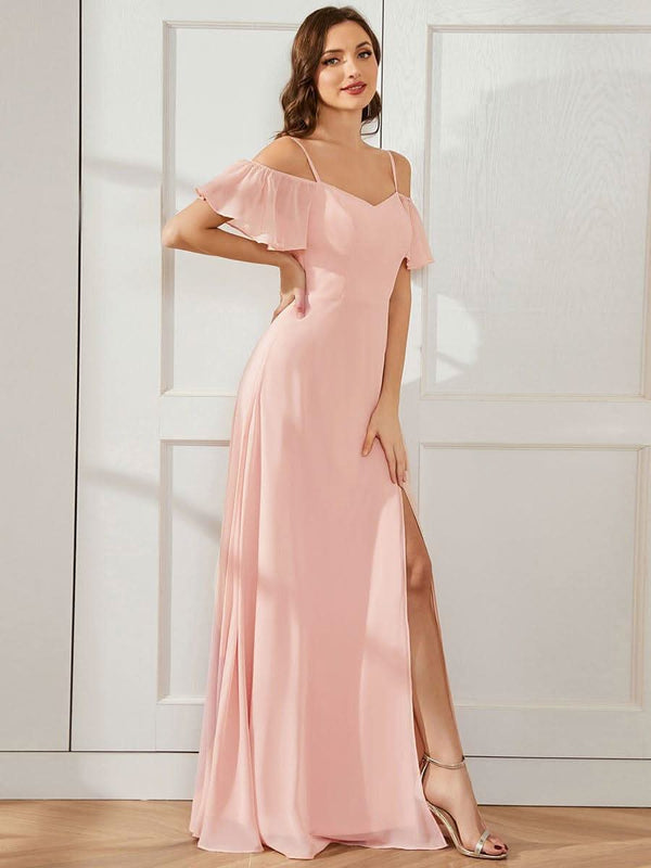 Stylish Cold Shoulder Flare Sleeves Flowy Bridesmaid Dress #color_Golden Roses ever REYA|Cold Shoulder High Slit Chiffon Wedding Guest Dress