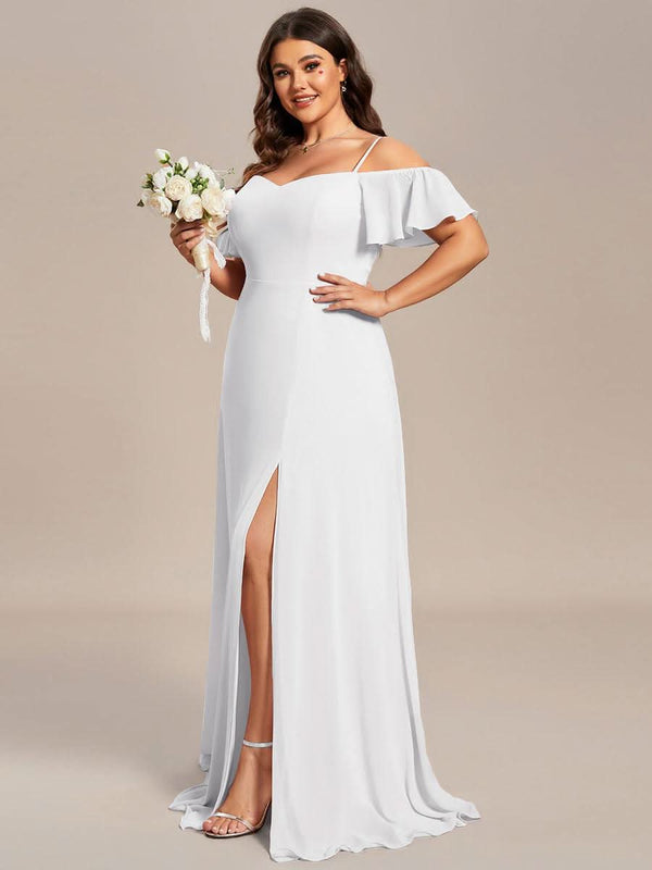 Stylish Cold Shoulder Flare Sleeves Flowy Bridesmaid Dress #color_Golden Roses ever REYA|Cold Shoulder High Slit Chiffon Wedding Guest Dress