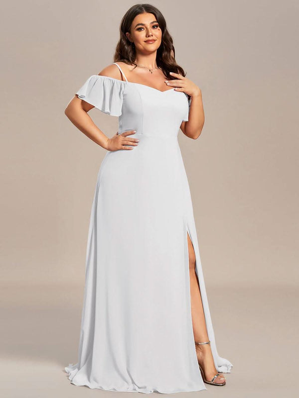 Stylish Cold Shoulder Flare Sleeves Flowy Bridesmaid Dress #color_Golden Roses ever REYA|Cold Shoulder High Slit Chiffon Wedding Guest Dress
