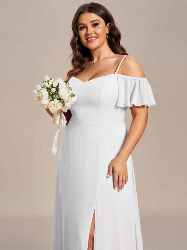 Stylish Cold Shoulder Flare Sleeves Flowy Bridesmaid Dress #color_Golden Roses ever REYA|Cold Shoulder High Slit Chiffon Wedding Guest Dress