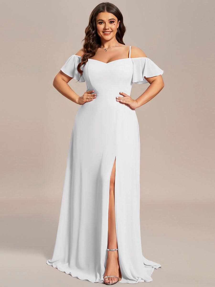 Stylish Cold Shoulder Flare Sleeves Flowy Bridesmaid Dress #color_White