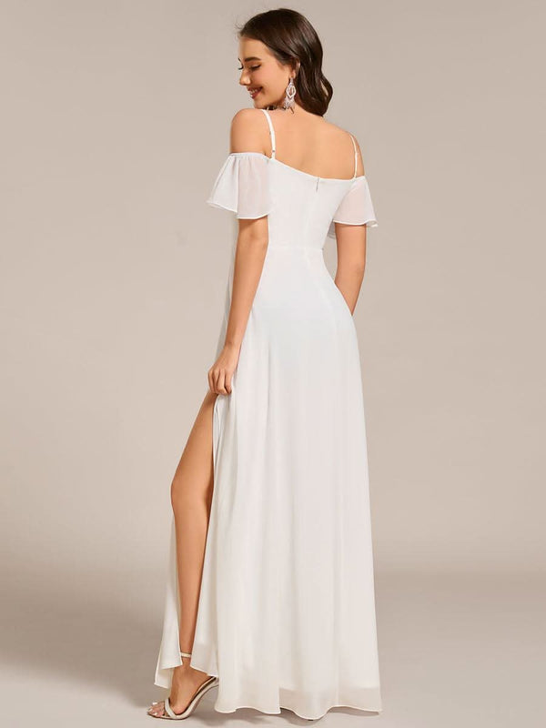 Stylish Cold Shoulder Flare Sleeves Flowy Bridesmaid Dress #color_Golden Roses ever REYA|Cold Shoulder High Slit Chiffon Wedding Guest Dress
