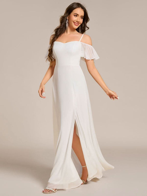 Stylish Cold Shoulder Flare Sleeves Flowy Bridesmaid Dress #color_Golden Roses ever REYA|Cold Shoulder High Slit Chiffon Wedding Guest Dress