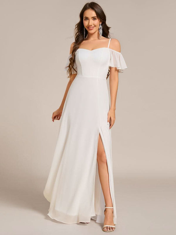 Stylish Cold Shoulder Flare Sleeves Flowy Bridesmaid Dress #color_Golden Roses ever REYA|Cold Shoulder High Slit Chiffon Wedding Guest Dress