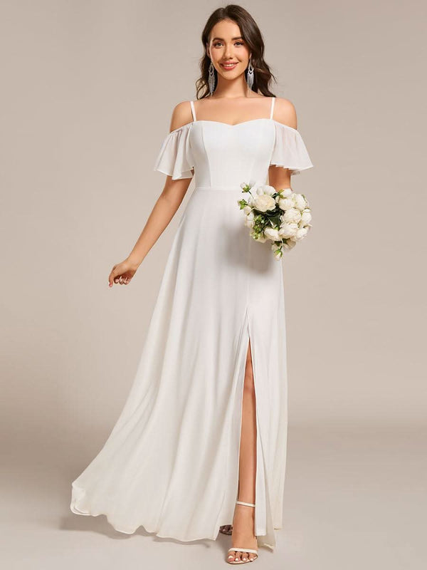 Stylish Cold Shoulder Flare Sleeves Flowy Bridesmaid Dress #color_Golden Roses ever REYA|Cold Shoulder High Slit Chiffon Wedding Guest Dress