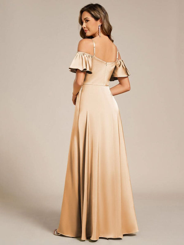 Short Sleeve Off Shoulder A-Line Satin Bridesmaid Dress #color_Champagne ever AUBREE|Short Sleeve Off Shoulder A-Line Satin Bridesmaid Dress