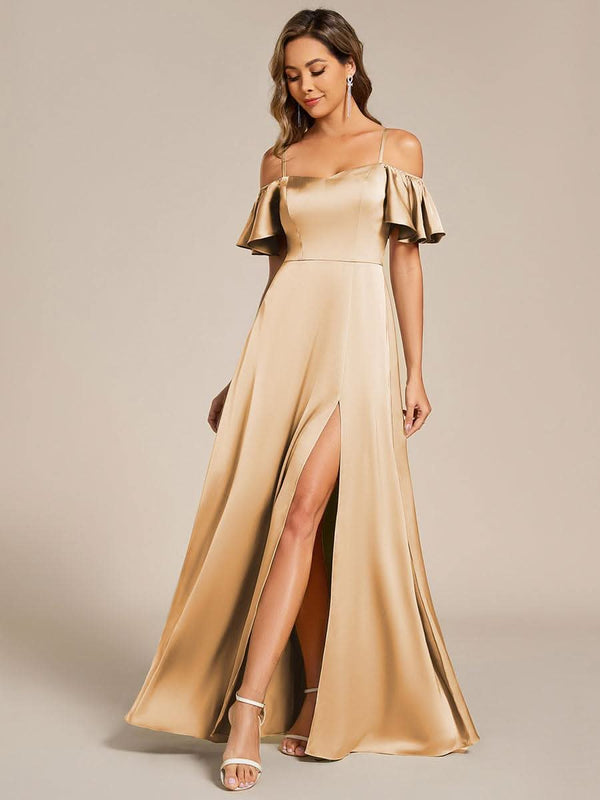 Short Sleeve Off Shoulder A-Line Satin Bridesmaid Dress #color_Champagne ever AUBREE|Short Sleeve Off Shoulder A-Line Satin Bridesmaid Dress