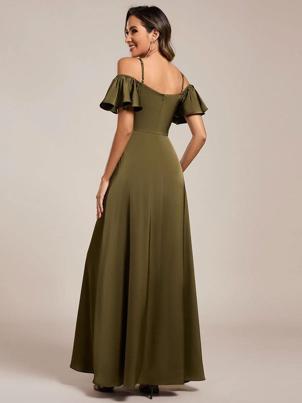 Short Sleeve Off Shoulder A-Line Satin Bridesmaid Dress #color_Champagne ever AUBREE|Short Sleeve Off Shoulder A-Line Satin Bridesmaid Dress