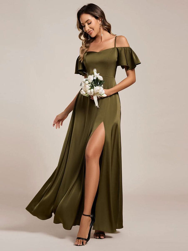 Short Sleeve Off Shoulder A-Line Satin Bridesmaid Dress #color_Champagne ever AUBREE|Short Sleeve Off Shoulder A-Line Satin Bridesmaid Dress