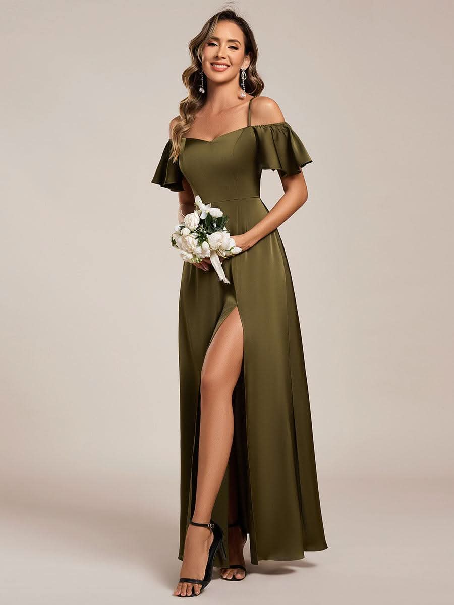Short Sleeve Off Shoulder A-Line Satin Bridesmaid Dress #color_Olive Green