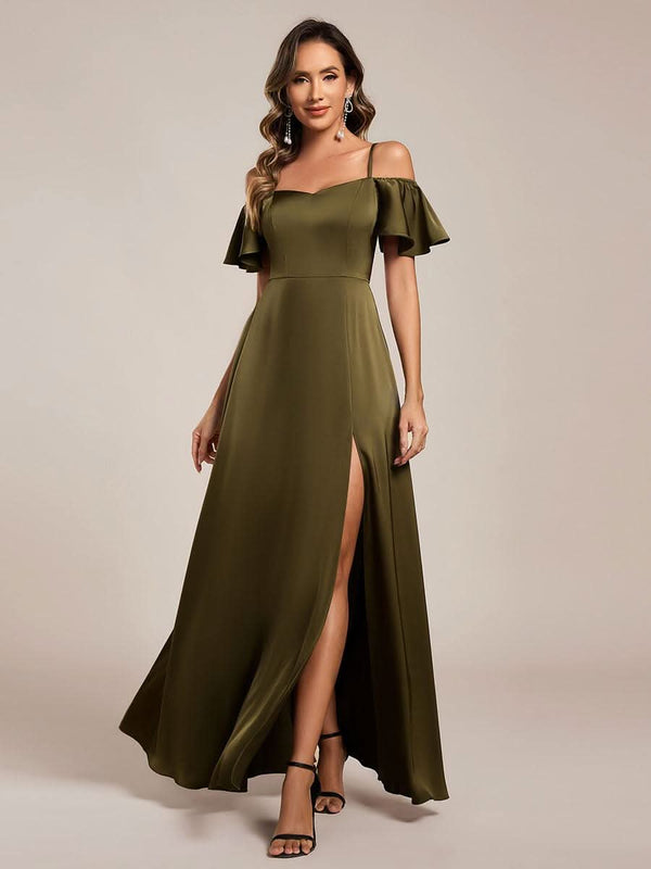Short Sleeve Off Shoulder A-Line Satin Bridesmaid Dress #color_Champagne ever AUBREE|Short Sleeve Off Shoulder A-Line Satin Bridesmaid Dress