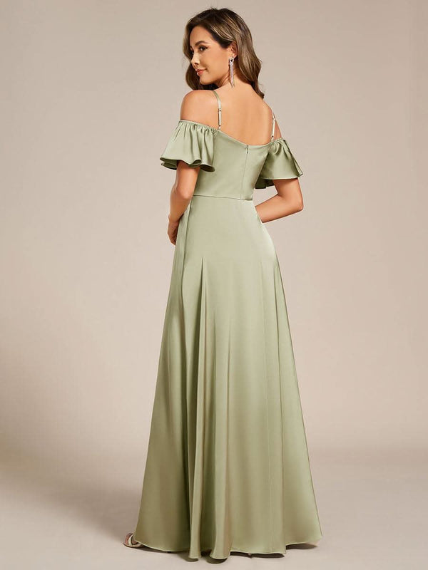 Short Sleeve Off Shoulder A-Line Satin Bridesmaid Dress #color_Champagne ever AUBREE|Short Sleeve Off Shoulder A-Line Satin Bridesmaid Dress