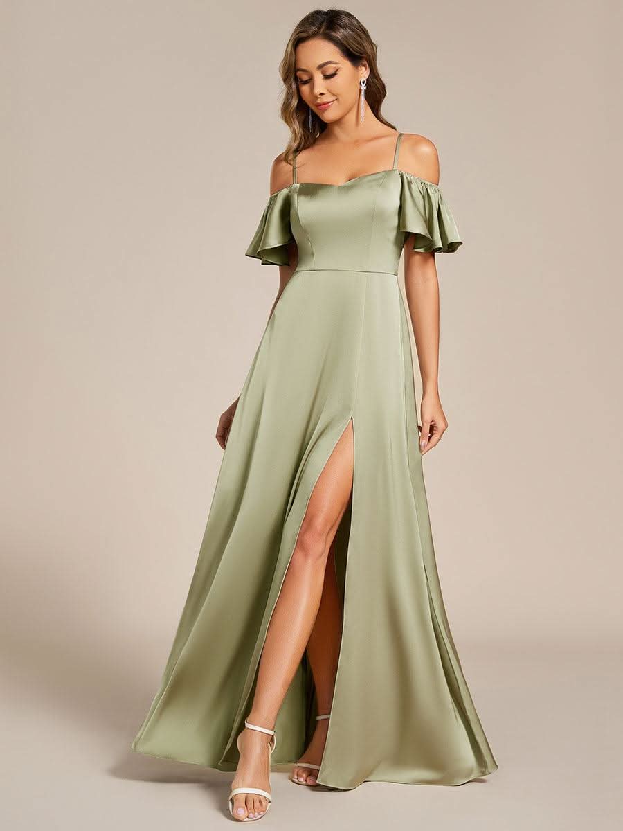 Short Sleeve Off Shoulder A-Line Satin Bridesmaid Dress #color_Sage Green