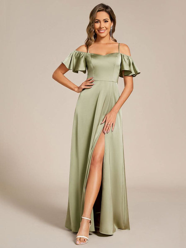 Short Sleeve Off Shoulder A-Line Satin Bridesmaid Dress #color_Champagne ever AUBREE|Short Sleeve Off Shoulder A-Line Satin Bridesmaid Dress