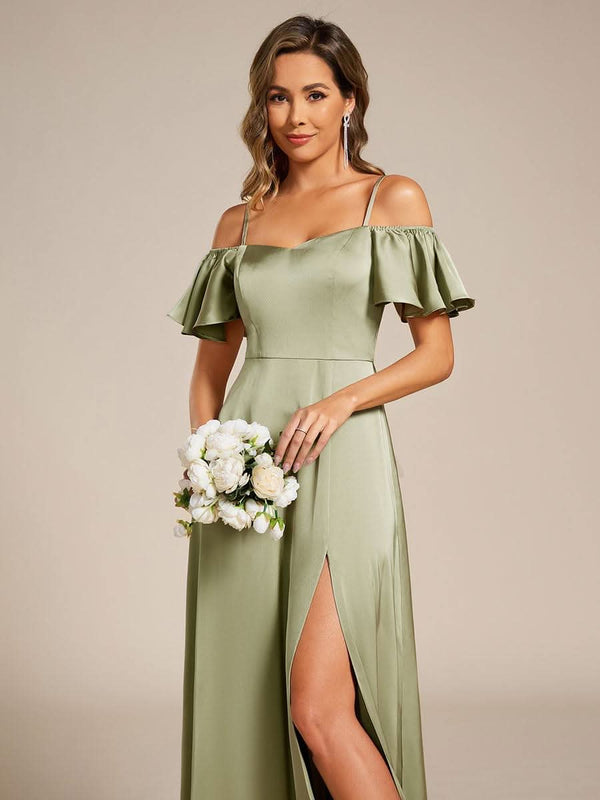 Short Sleeve Off Shoulder A-Line Satin Bridesmaid Dress #color_Champagne ever AUBREE|Short Sleeve Off Shoulder A-Line Satin Bridesmaid Dress