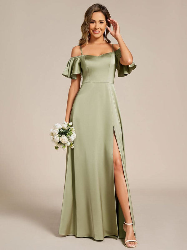 Short Sleeve Off Shoulder A-Line Satin Bridesmaid Dress #color_Champagne ever AUBREE|Short Sleeve Off Shoulder A-Line Satin Bridesmaid Dress