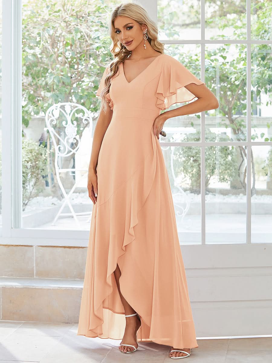 Ruffles Sleeve V-Neck Chiffon Bridesmaid Dress #color_Peach