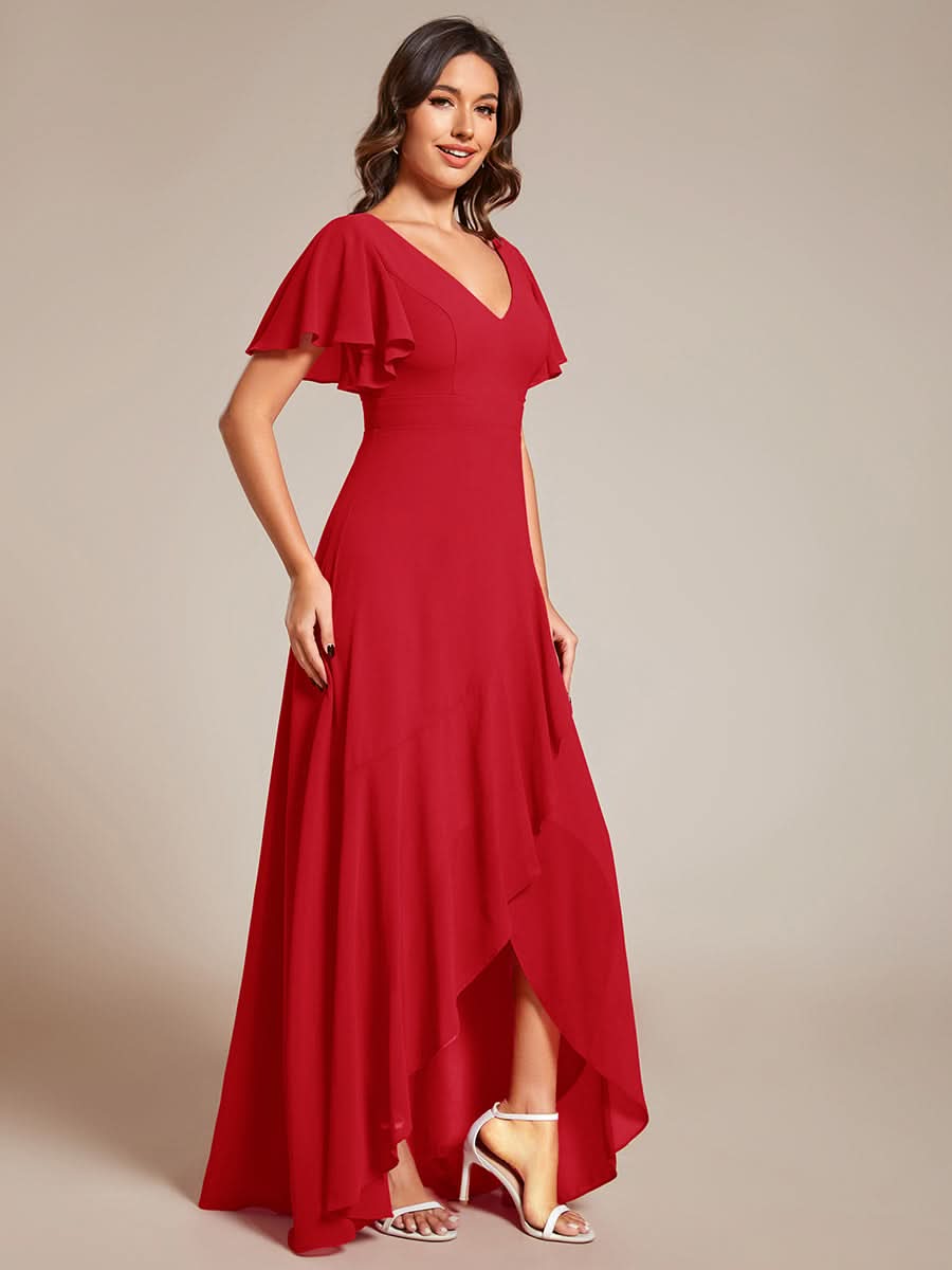 Ruffles Sleeve V-Neck Chiffon Bridesmaid Dress #color_Red
