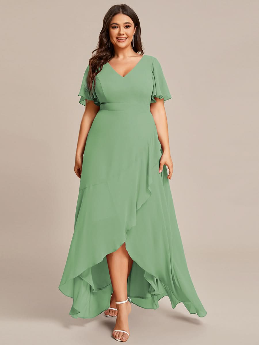 Ruffles Sleeve V-Neck Chiffon Bridesmaid Dress #color_Sage Green