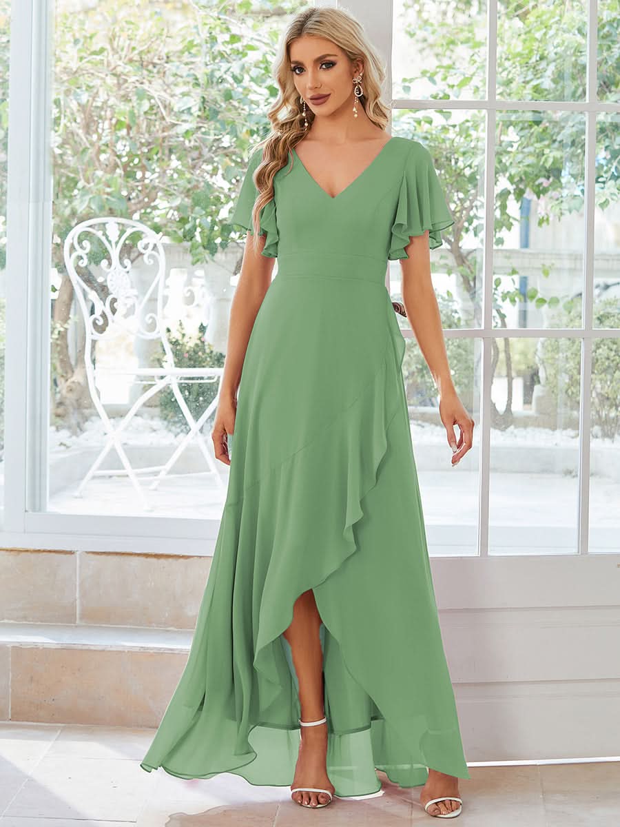 Ruffles Sleeve V-Neck Chiffon Bridesmaid Dress #color_Sage Green