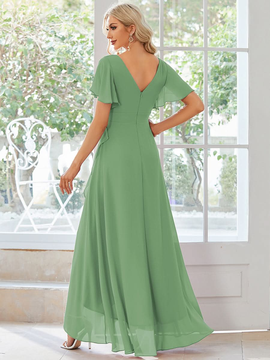 Ruffles Sleeve V-Neck Chiffon Bridesmaid Dress #color_Sage Green