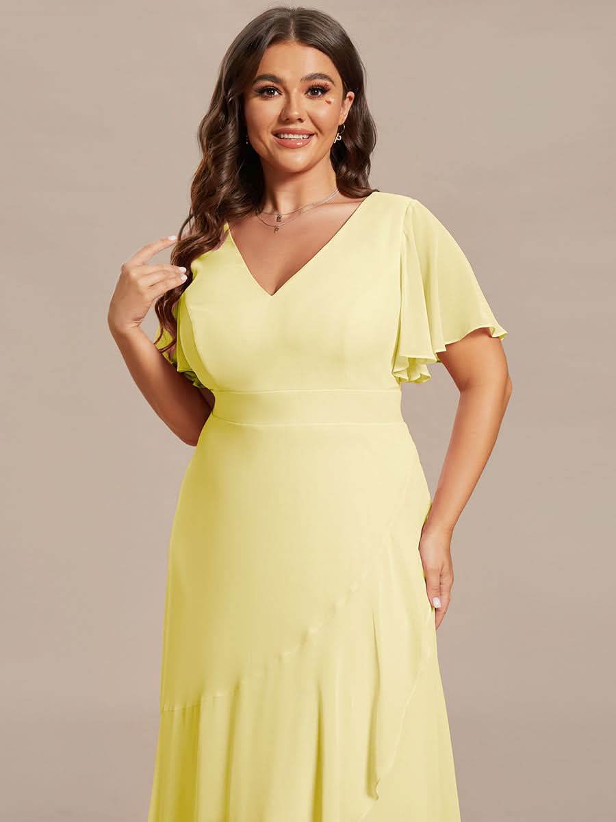 Ruffles Sleeve V-Neck Chiffon Bridesmaid Dress #color_Yellow
