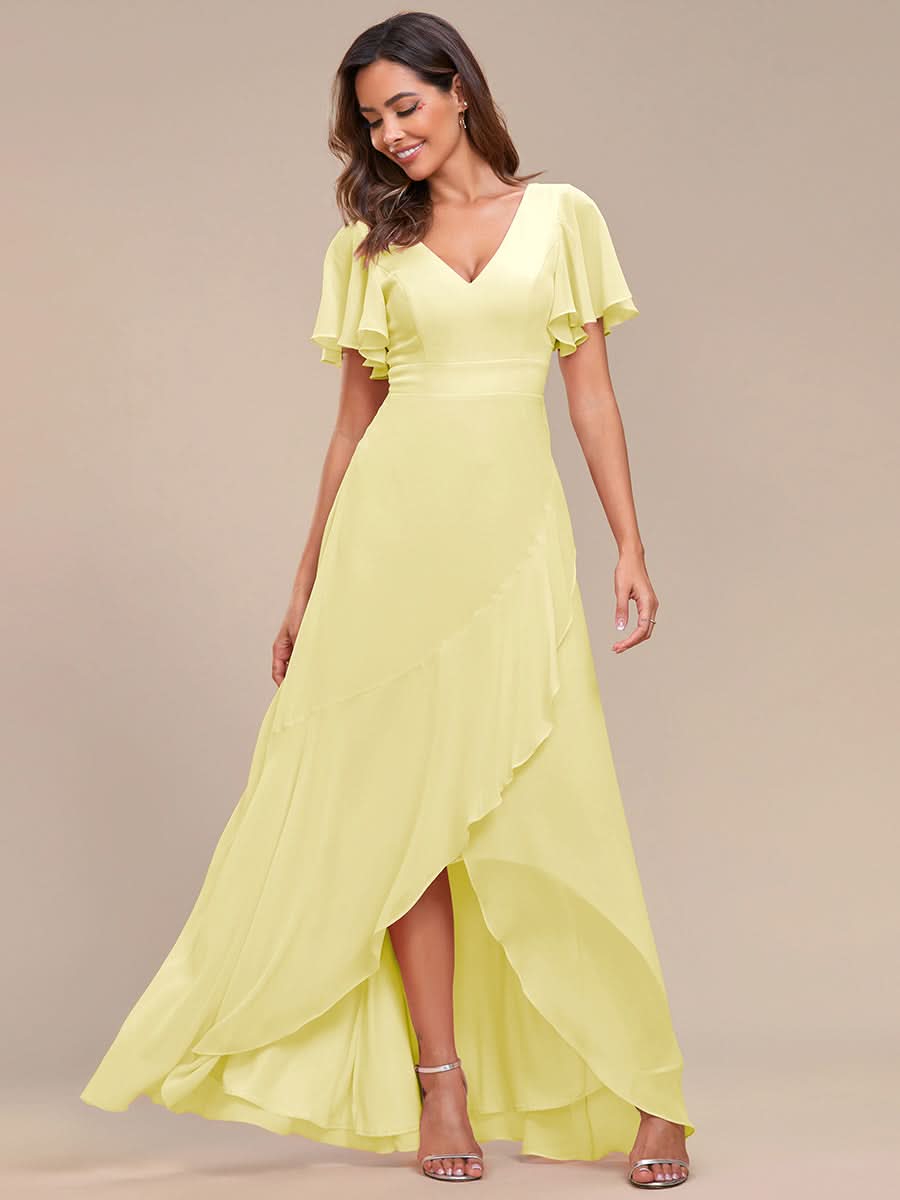 Ruffles Sleeve V-Neck Chiffon Bridesmaid Dress #color_Yellow