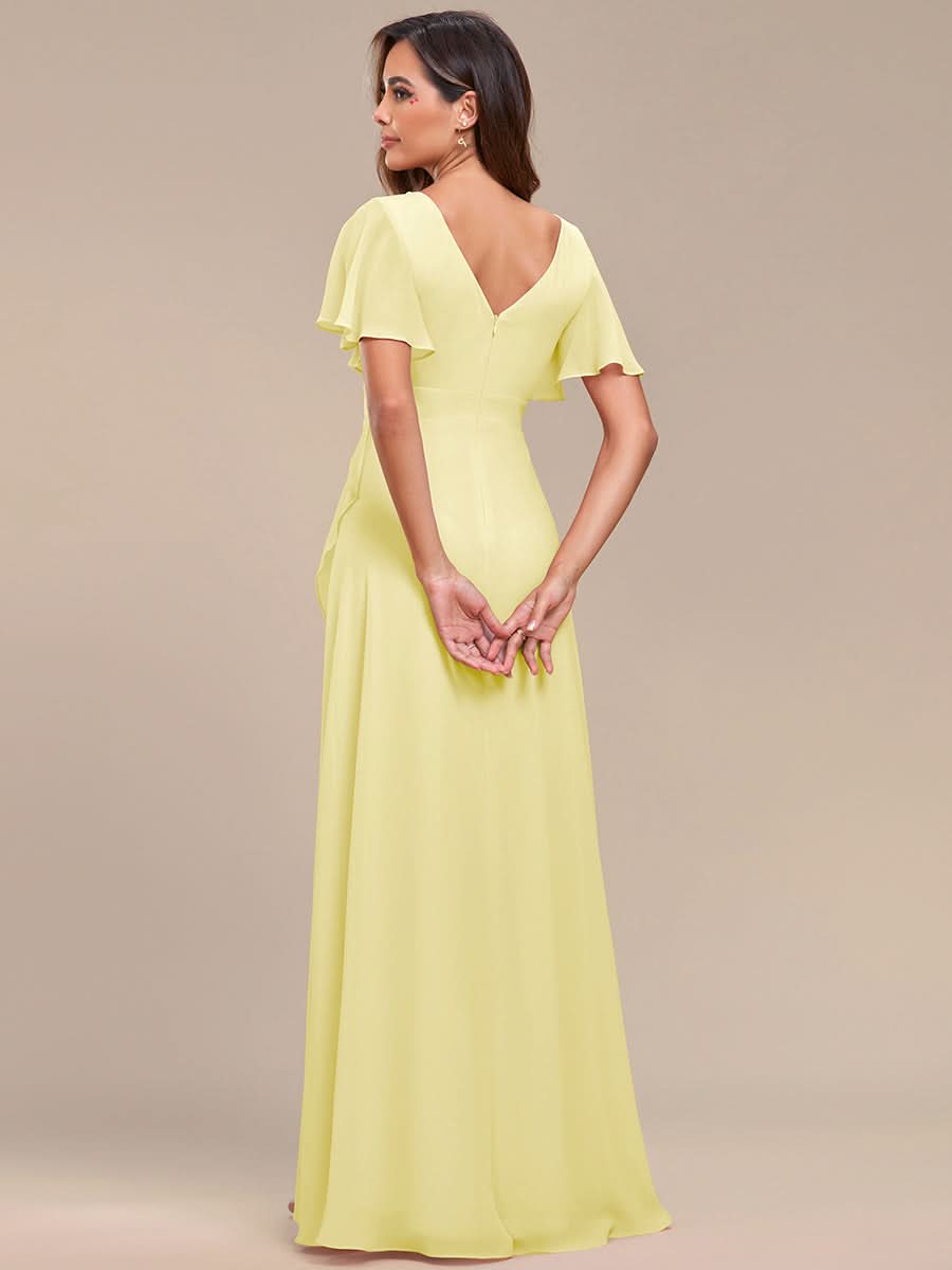 Ruffles Sleeve V-Neck Chiffon Bridesmaid Dress #color_Yellow