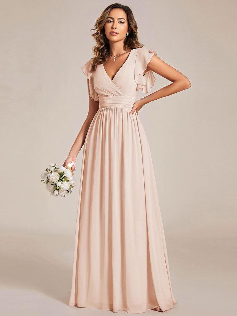 Ruffles Sleeve Back Cutout A-Line Maxi Chiffon Bridesmaid Dress #color_Blush