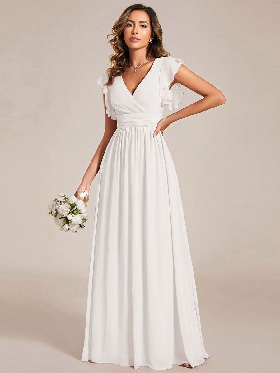 Ruffles Sleeve Back Cutout A-Line Maxi Chiffon Bridesmaid Dress #color_Cream