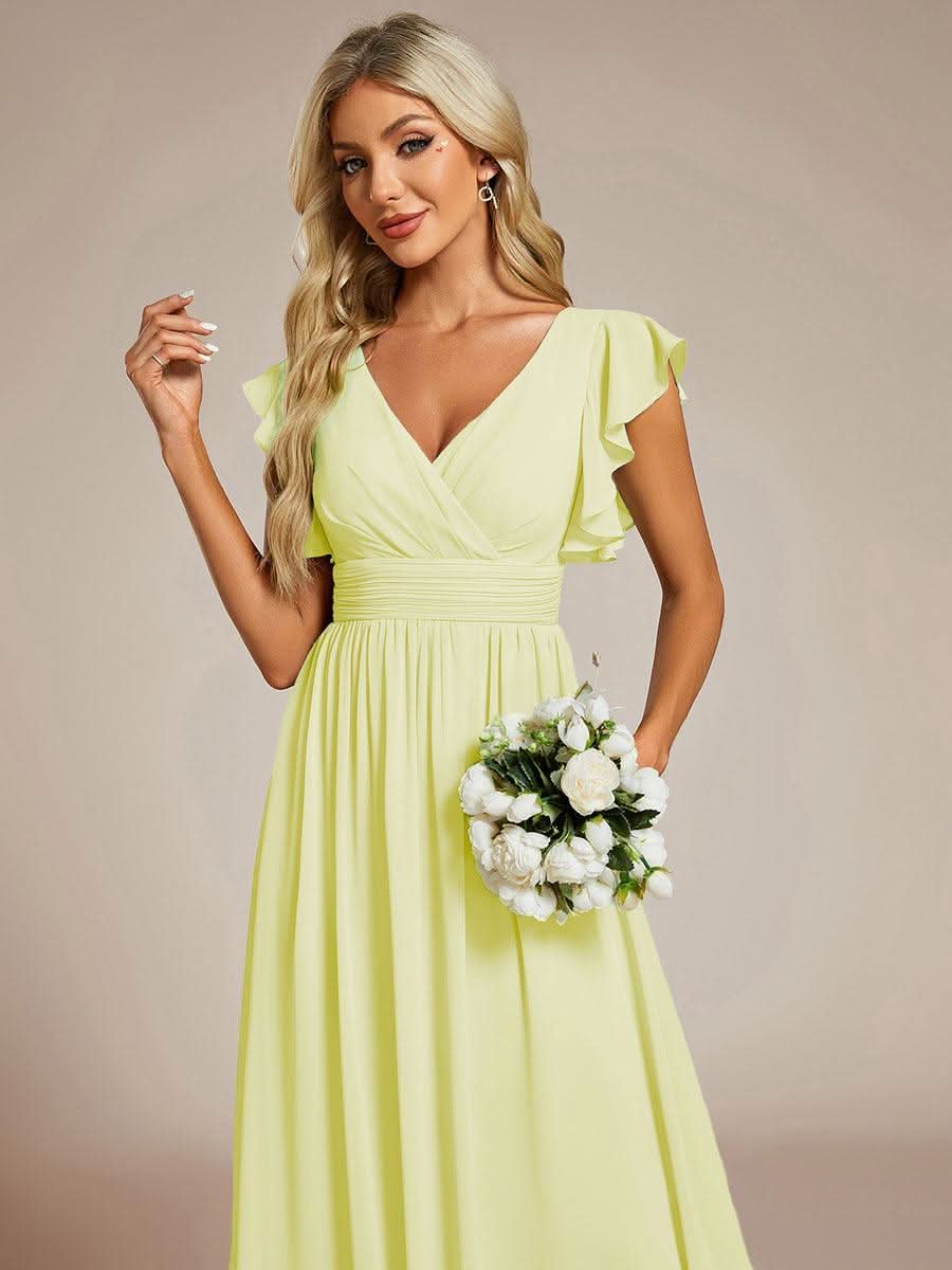 Ruffles Sleeve Back Cutout A-Line Maxi Chiffon Bridesmaid Dress #color_Yellow