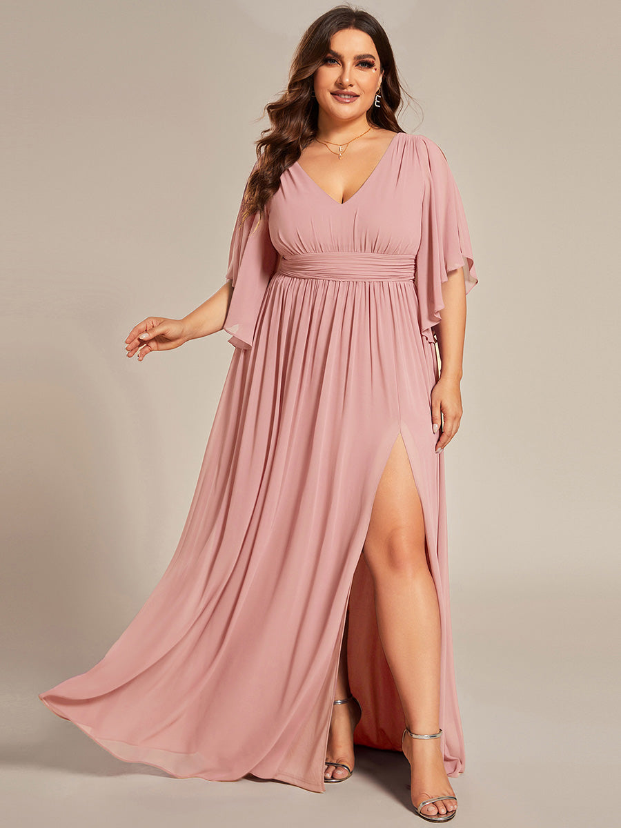 Half Sleeve V-Neck Pleated High Slit A-Line Chiffon Bridesmaid Dress #color_Dusty Rose